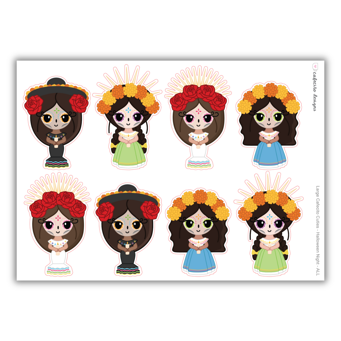 Dia de los Muertos - Cafecito Cuties - Large Deco Sticker Sheet