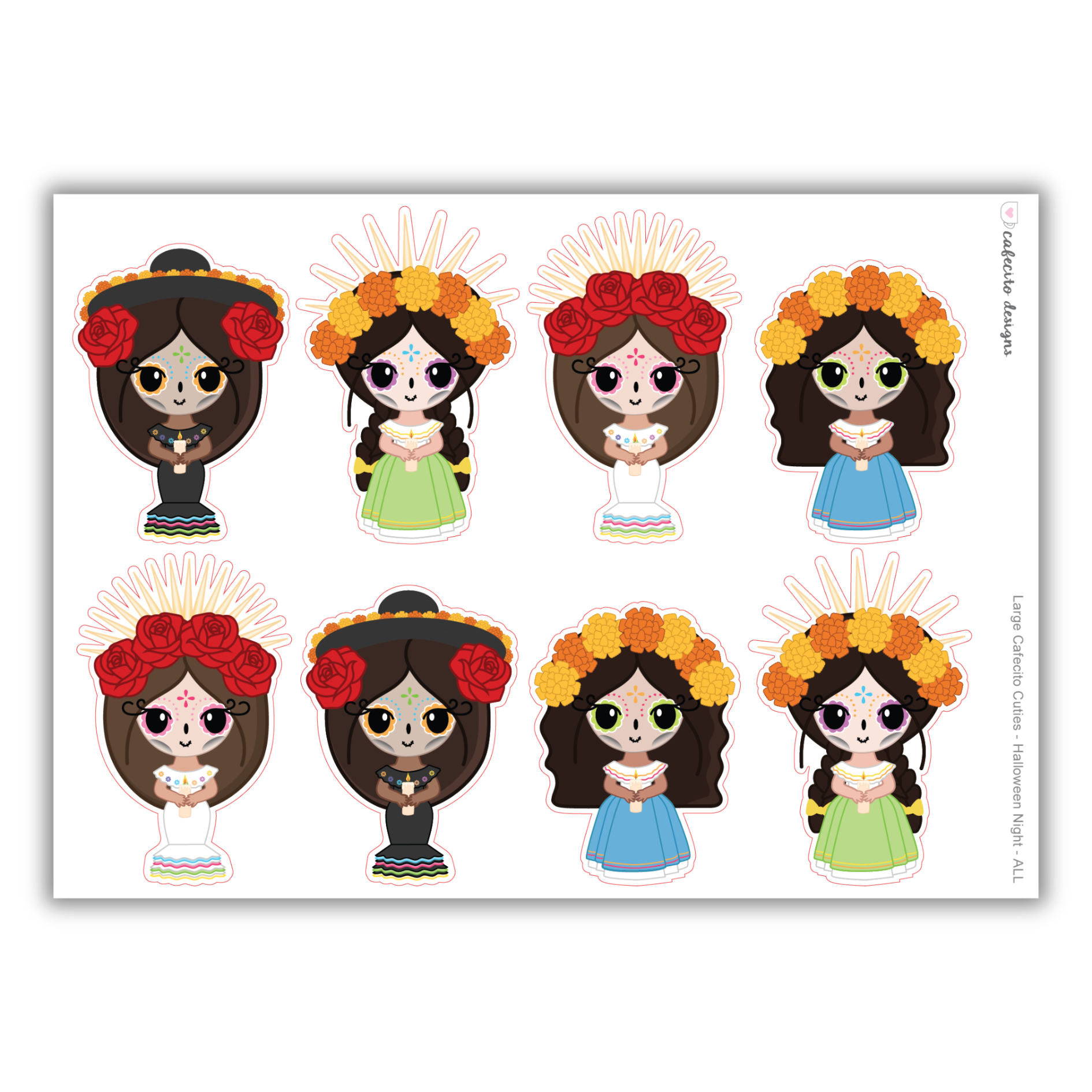 Dia de los Muertos - Cafecito Cuties - Large Deco Sticker Sheet