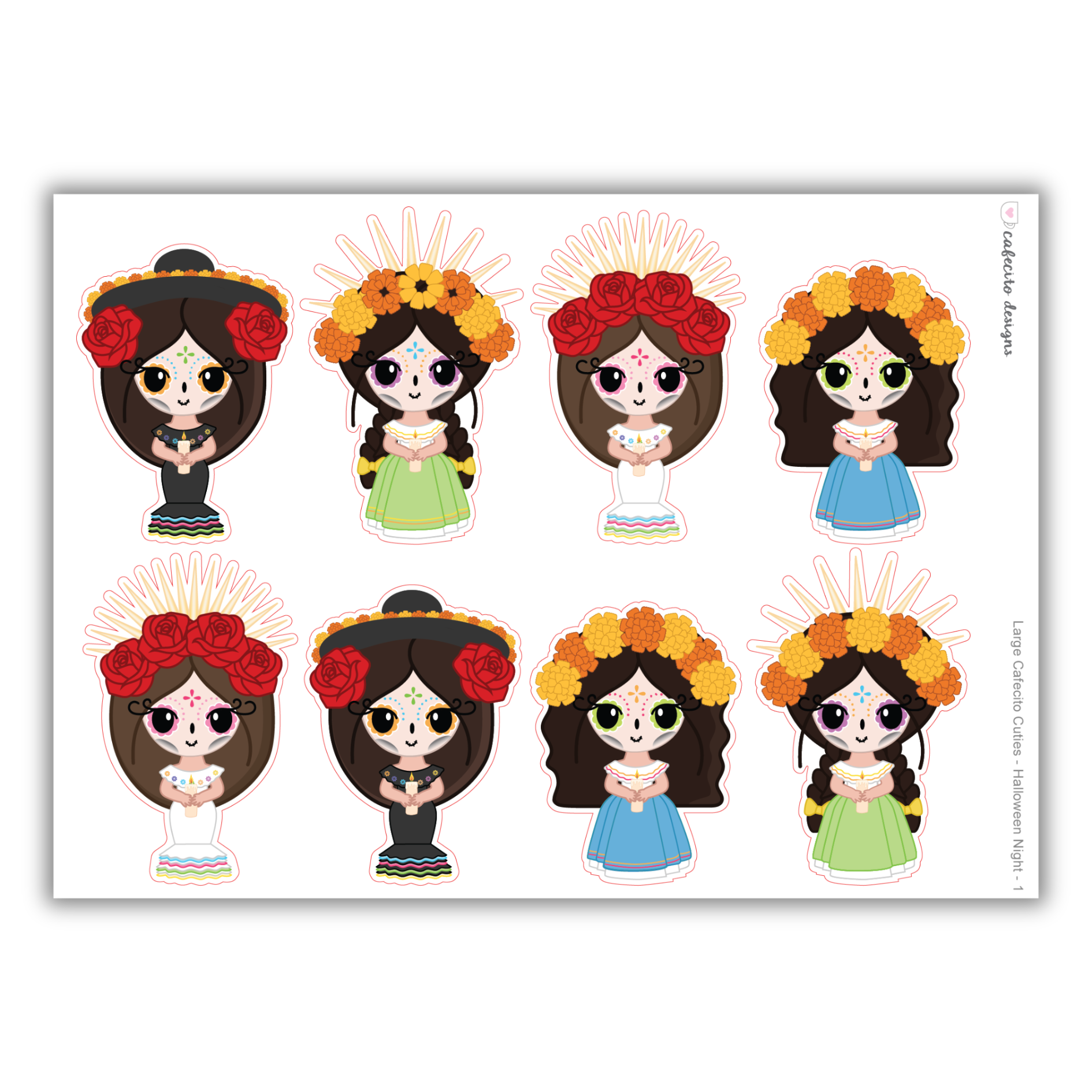Dia de los Muertos - Cafecito Cuties - Large Deco Sticker Sheet