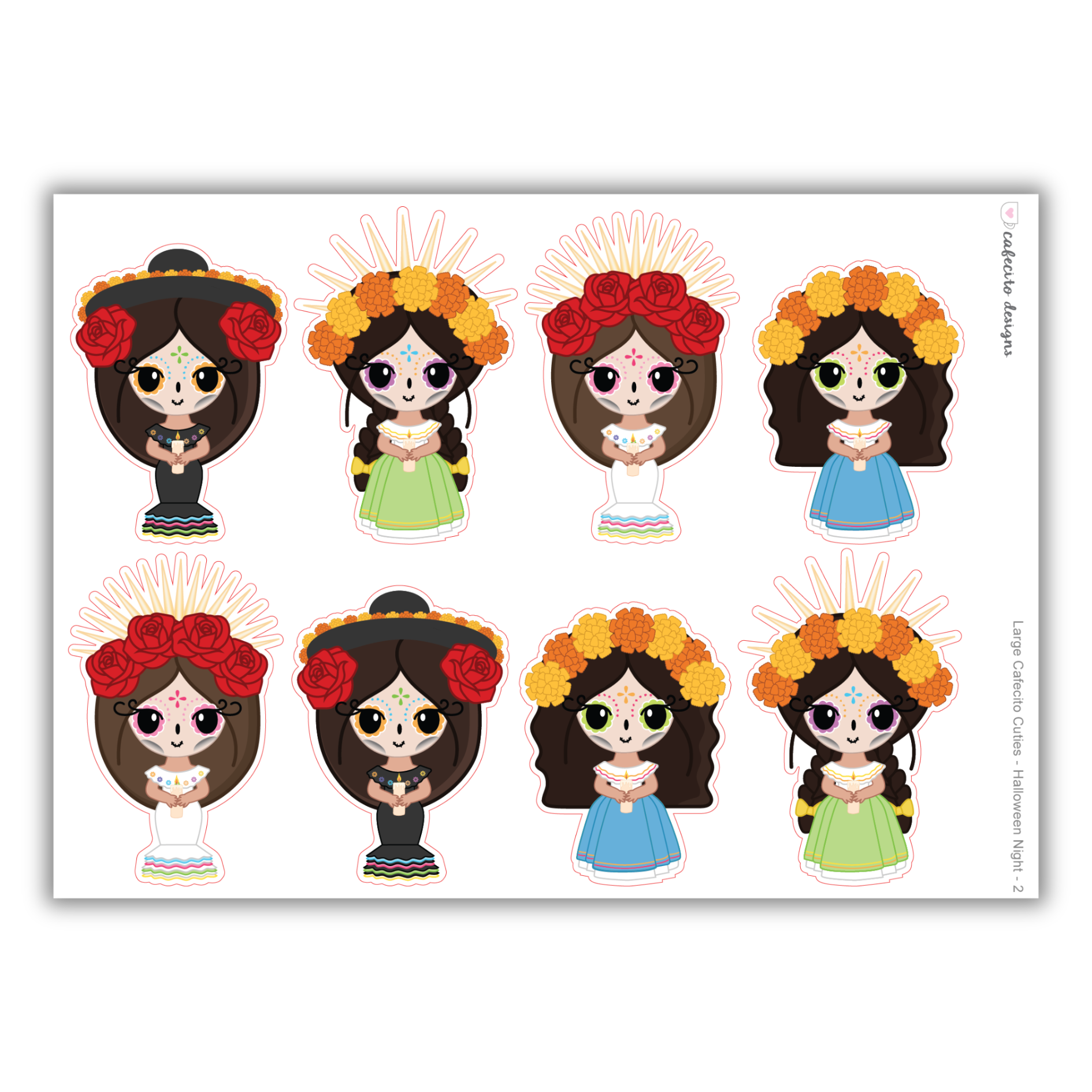 Dia de los Muertos - Cafecito Cuties - Large Deco Sticker Sheet