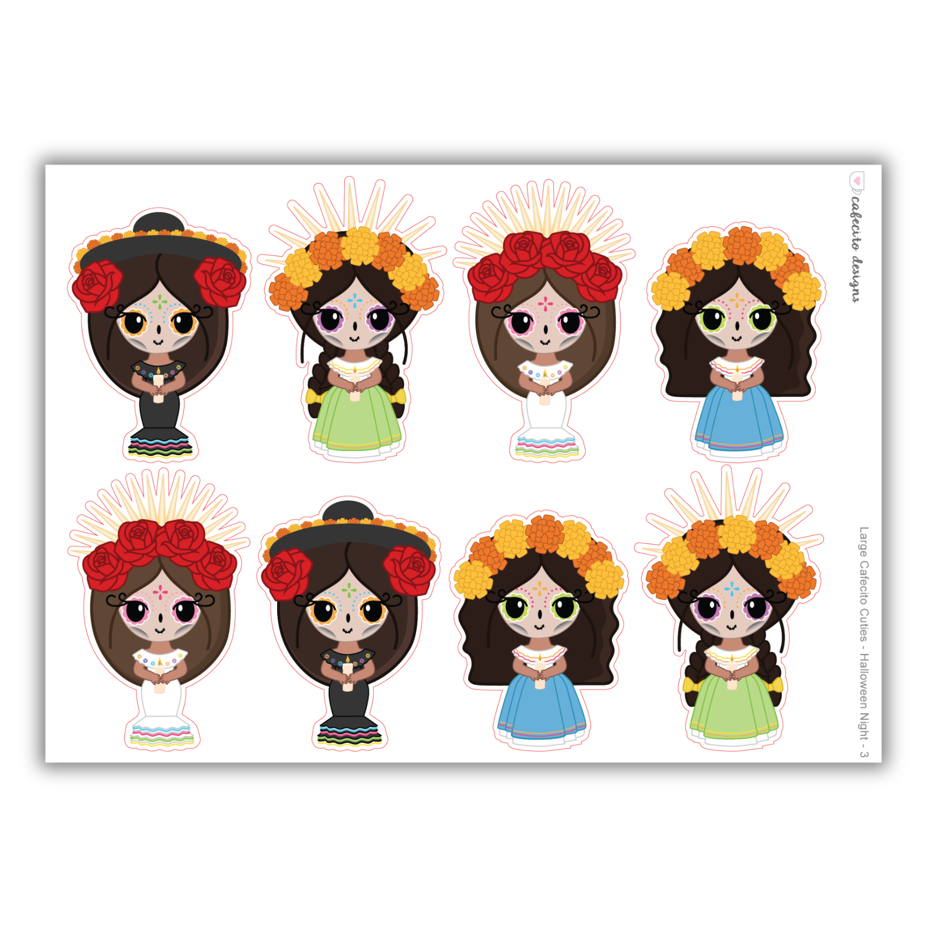 Dia de los Muertos - Cafecito Cuties - Large Deco Sticker Sheet
