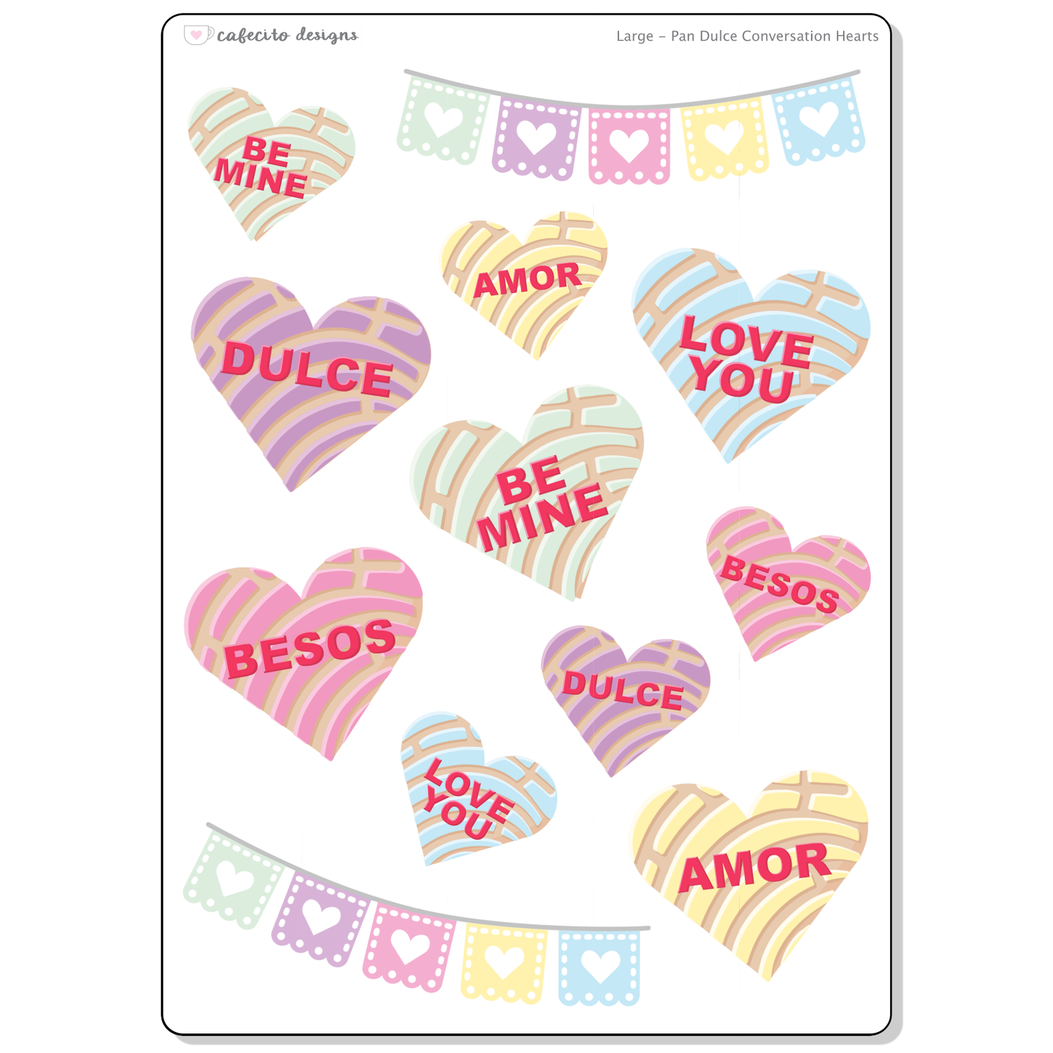 Pan Dulce Conversation Hearts - Large Deco Sticker Sheet
